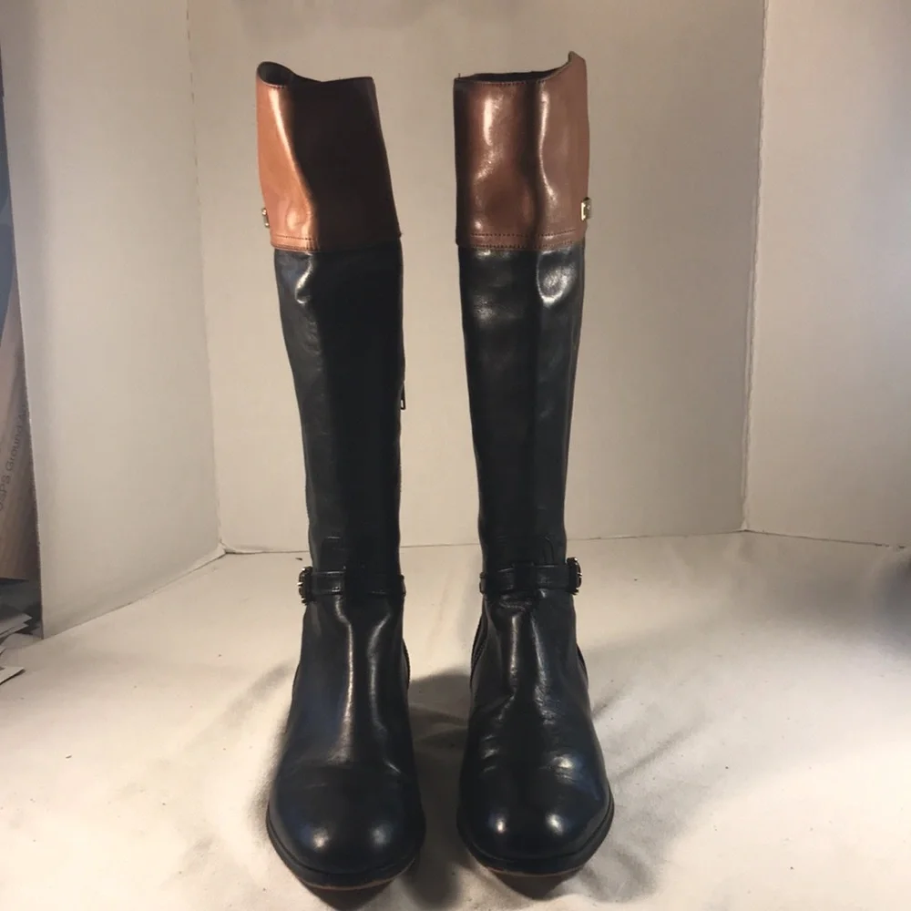 Coach Micha Black and Brown Leather Knee-High Women's Side Zip Riding Boots